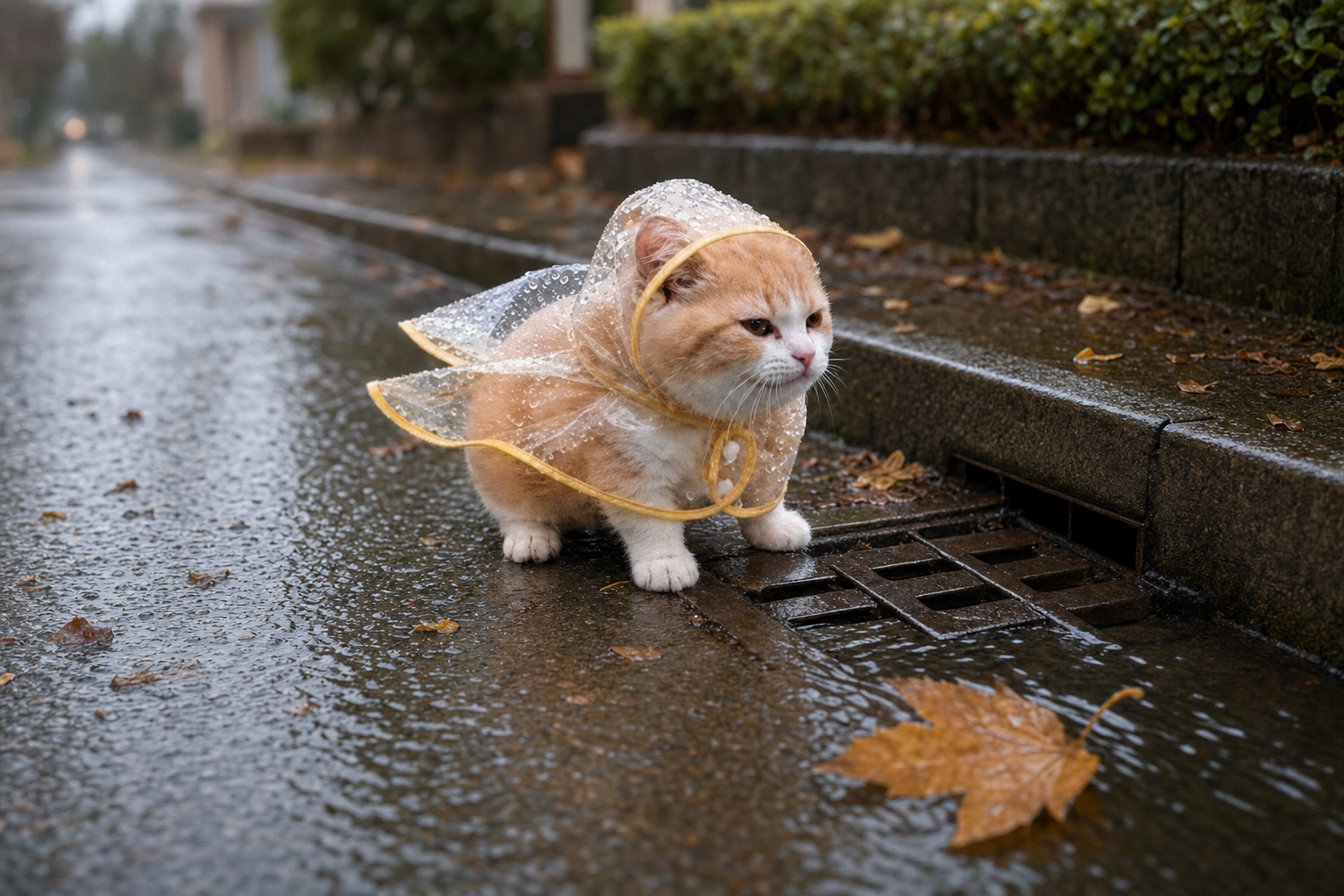 Poncho in his raincoat inspecting a storm drain beside a wet curb